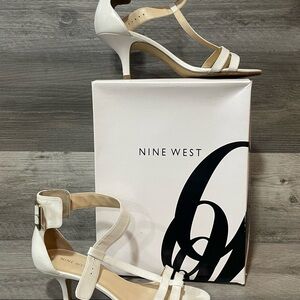 Nine West Womens 8M White Strappy Kitten Heel Sandals Ankle Strap Dress Shoes